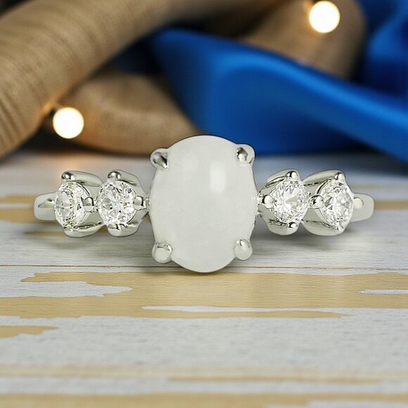🆕Moonstone Minimalist Ring S925 Sterling Silver Genuine Gemstone & CZ Stones - Picture 1 of 10